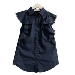 PEARL Lela Rose ruffle button down shirt blouse eyelet regent core cotton